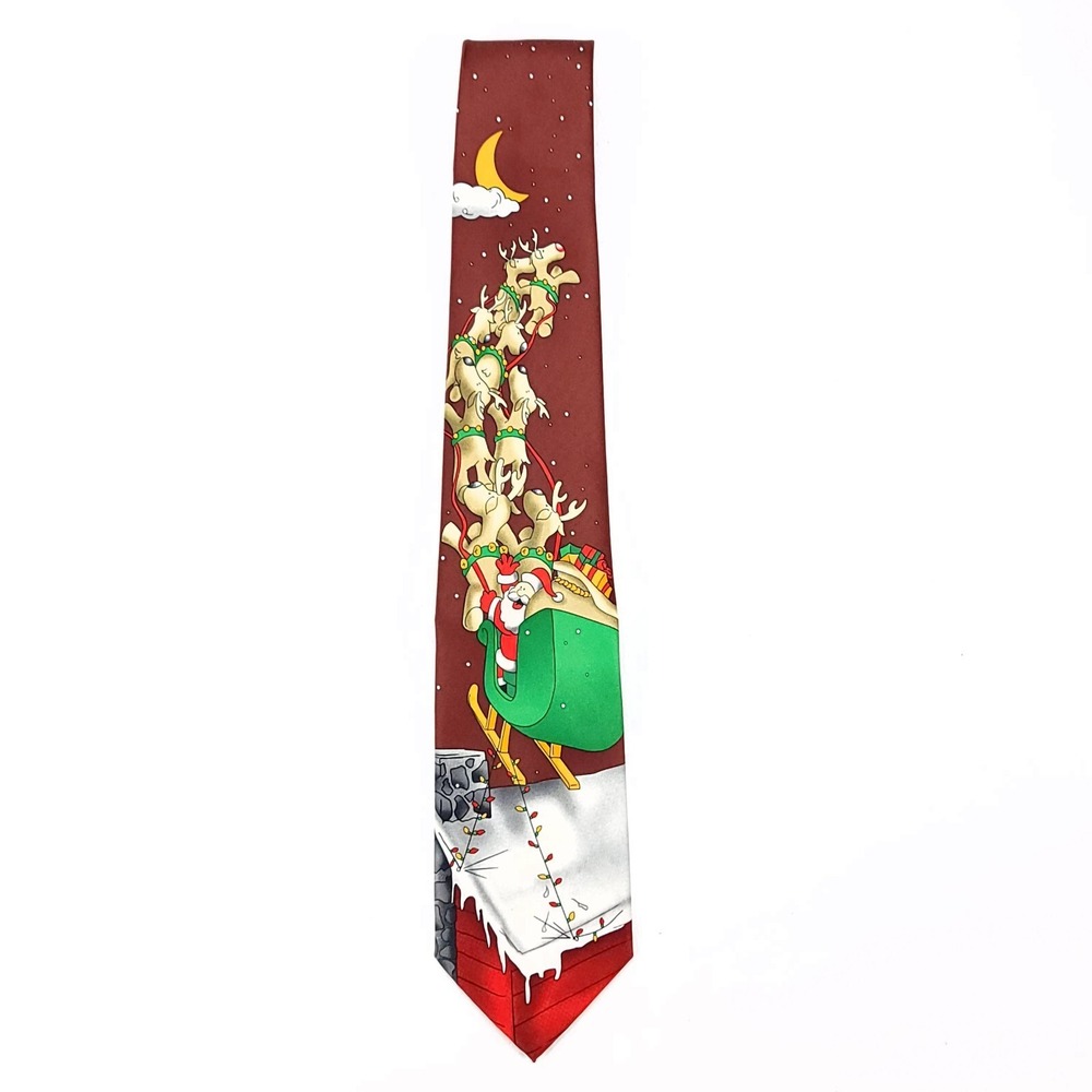 Tie Tales Mens Christmas Necktie Santa Sleigh Reindeer Burgundy Holiday Novelty‎